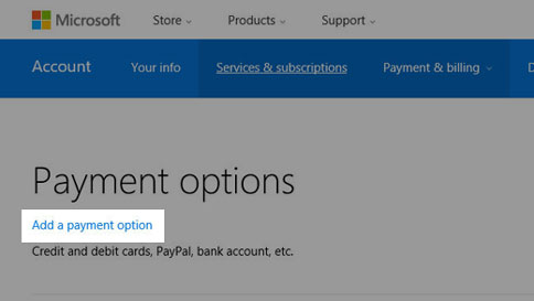 Screenshot of the Payment options page with the Add a payment option link highlighted