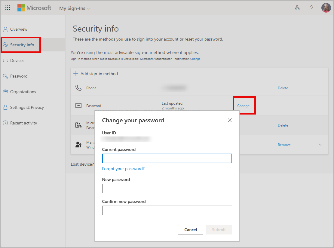 The Change password page, showing password fields