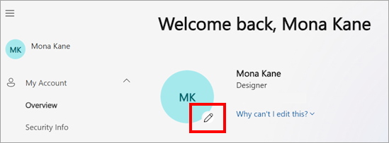 Screenshot of the My Account portal showing the users profile photo, name, and various account settings options such as language, time zone, and privacy settings. The edit icon is visible over the profile photo, indicating where users can click to update their photo.