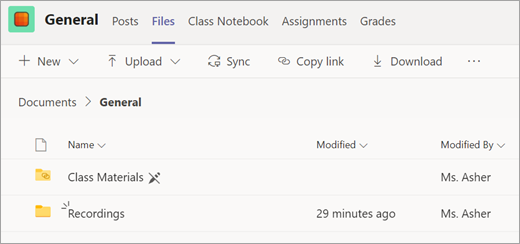 Files tab of a class team with Recordings folder