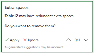 Screenshot that shows extra spaces suggestion card.