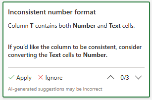 Screenshot that shows inconsistent number format suggestion card.