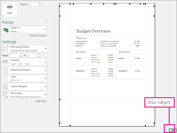 Show Margins box in Print Preview