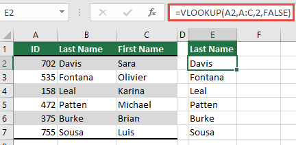 Screenshot that shows use the traditional VLOOKUP with a single lookup_value reference: =VLOOKUP(A2,A:C,32,FALSE). This formula doesn't return a dynamic array, but you can use it with Excel tables.