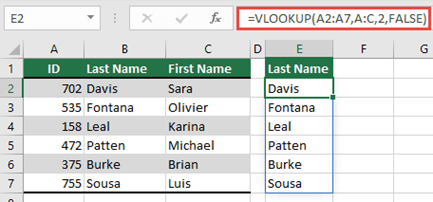 Screenshot that shows use =VLOOKUP(A2:A7,A:C,2,FALSE) to return a dynamic array that won't result in a #SPILL! error.