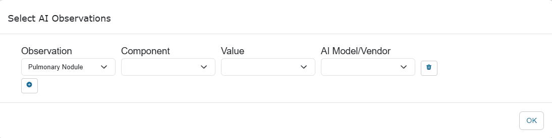 Screenshot of Select AI Observations panel showing drop-down menus for filtering AI findings, with an OK button.