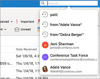 Message list in the background and Search box in the foreground