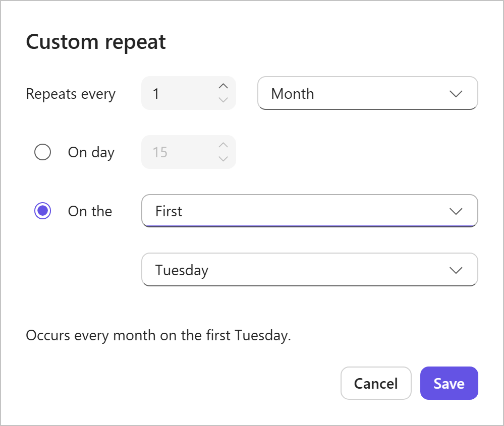 Custom repeat options over a period of months