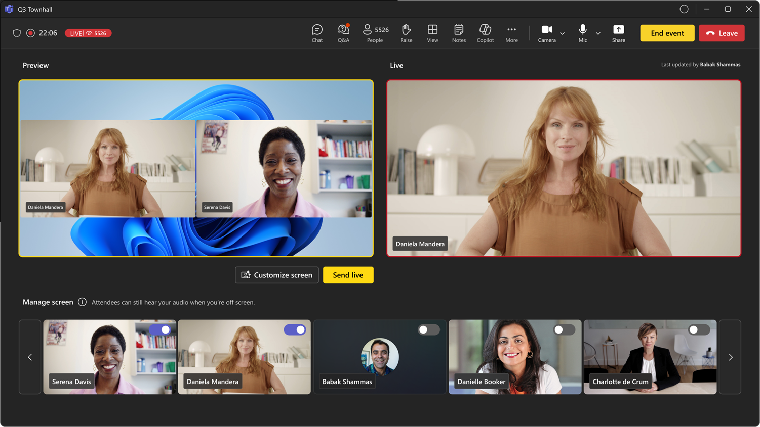 Screenshot of a town hall with 'Manage what attendees see' preview queue