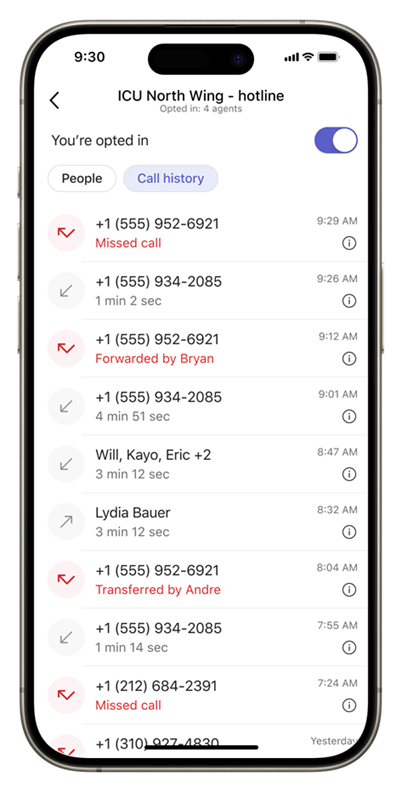 Screenshot of the Call history tab of the Queues app on mobile, showing the call history for a queue.