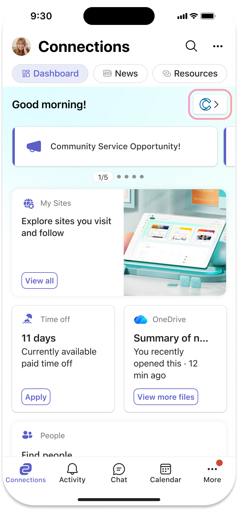 Screenshot with a callout over the icon for the organizations home page.