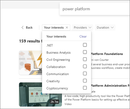 Screenshot of Viva Learning highlighting the Your Interests filter for content under the search bar.