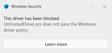 Windows Security block dialog shown when a driver is blocked