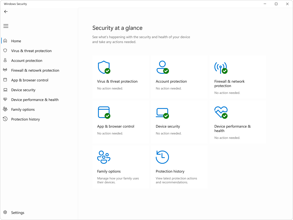 Screenshot of Windows Security - Home pane.