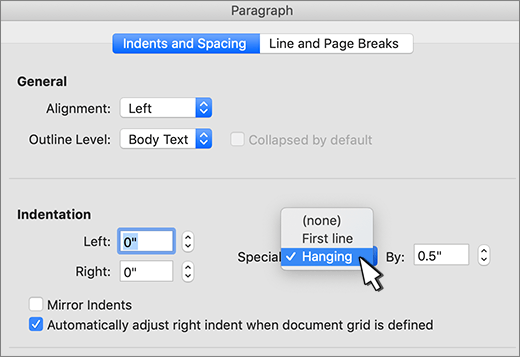 Selecting Hanging indent